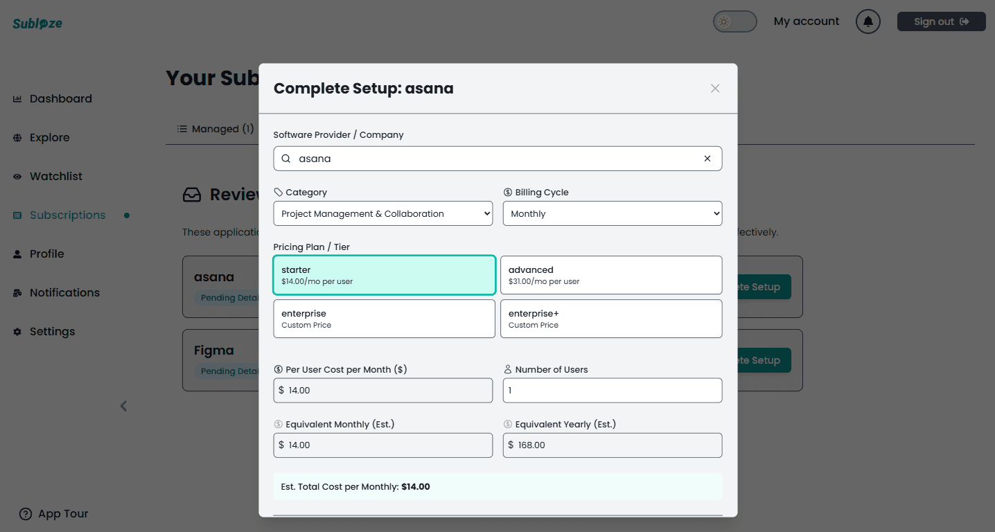 Modal for completing the setup of a SaaS subscription